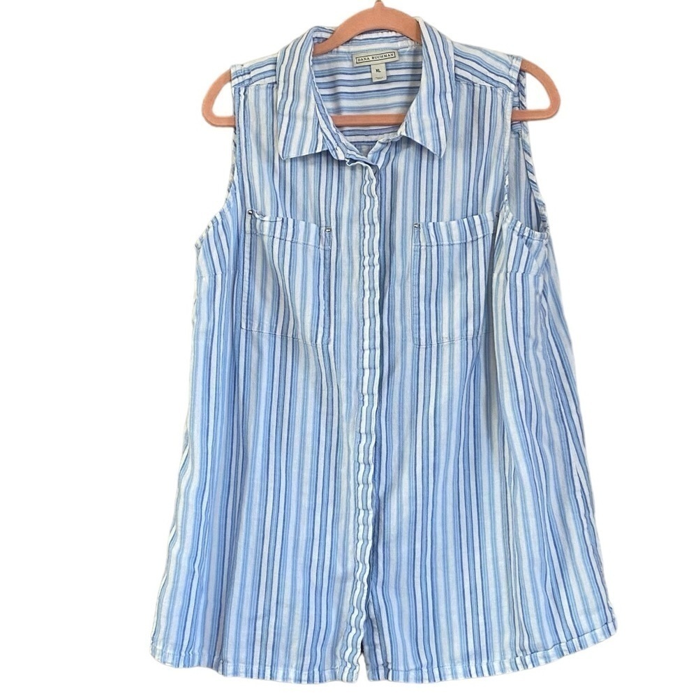Dana Buchman Womens XL White Blue Striped Sleeveless Button Down Lenin Blend